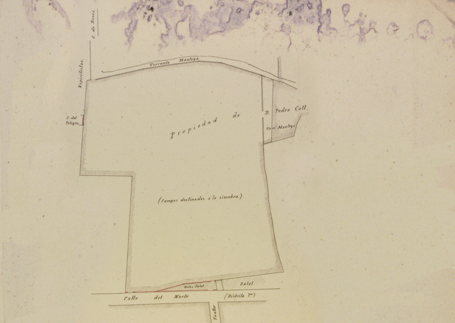 1903 AMCB Pedro Coll i Rigau. Tancar sense permís un solar denominat _Casa Mantega_. Espiritistas en Carrer Peligro - ara Papin - i Norte - ara Joan Güell